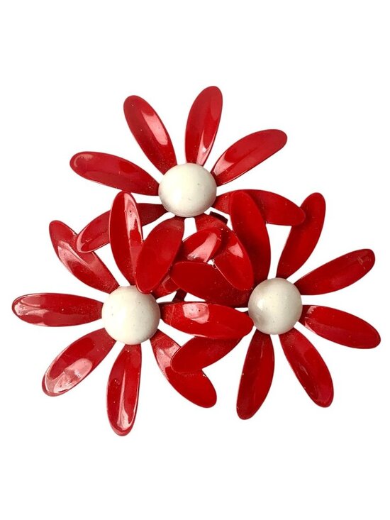 Jewelry - Brooch Vintage Brooch Pin Enamel Paint Red & White Daisy Flower Retro 1960's